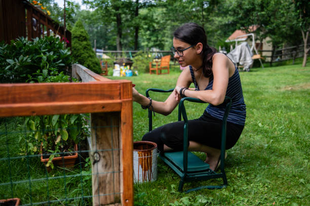 the attractive 15-years-old teenager girl painting the fence at the backyard - teenager 14 15 years 13 14 years cheerful imagens e fotografias de stock