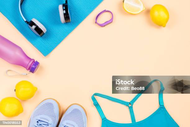 Fitness Equipment Woman Workout Accessories And Clothes Flat Lay Top View  Fitness Background Stock Photo - Download Image Now - iStock