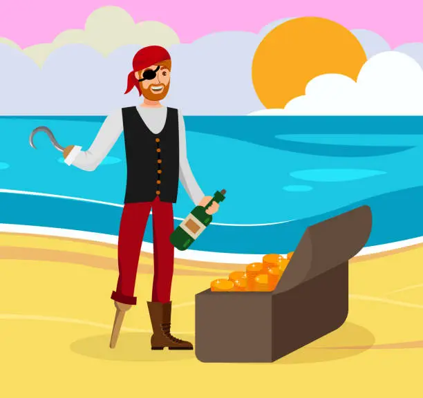 Vector illustration of Pirate Found Gold Flat Color Cartoon Character