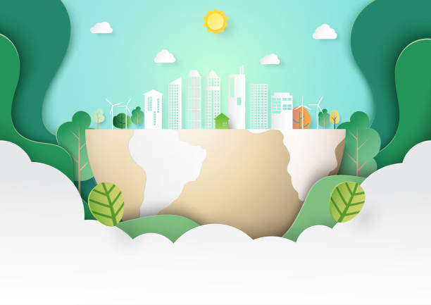 ilustrações, clipart, desenhos animados e ícones de estilo verde da arte do molde da paisagem da cidade do eco - cidade papel
