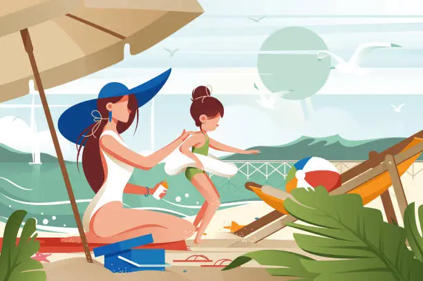 Vector illustration of Flat young woman mother with hat smears sunblock on her daughter s back.