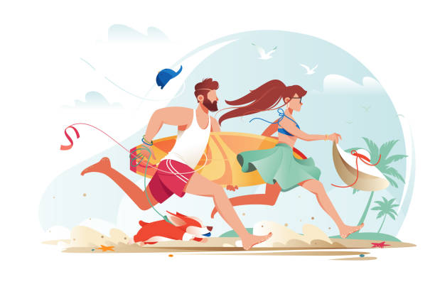 Flat young man with beard, surfboard and girl couple with corgi rush to rest. Flat young man with beard, surfboard and girl couple with corgi rush to rest. Concept characters, family in journey on beach near sea. Vector illustration. dog swimsuit stock illustrations