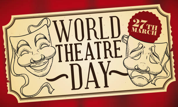 Commemorative Ticket with Masks for World Theatre Day Celebration Banner with commemorative ticket for the upcoming World Theatre Day celebration with traditional masks in hand drawn style and red curtains in the background. play day stock illustrations