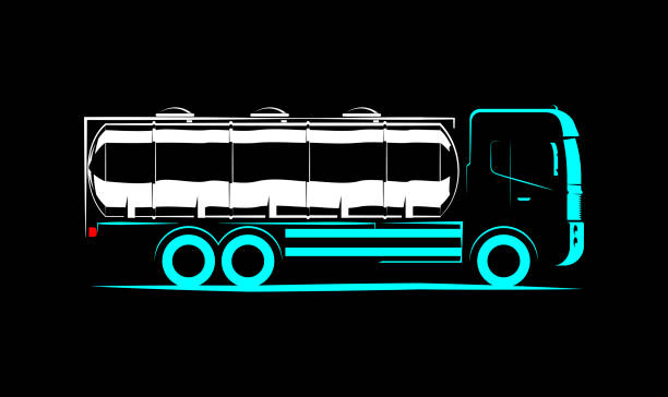 cysterna mleczna, zbiornikowiec benzynowy prosty schemat widoku bocznego na czarnym tle - milk tanker obrazy stock illustrations