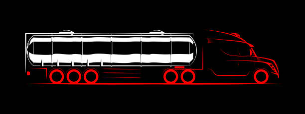 cysterna mleczna, zbiornikowiec benzynowy prosty schemat widoku bocznego na czarnym tle - milk tanker obrazy stock illustrations