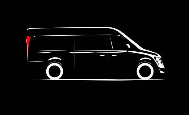 minibus, bus simple side view schematic image on black background minibus, bus simple side view schematic image on black background, vector illustration taxi logo background stock illustrations