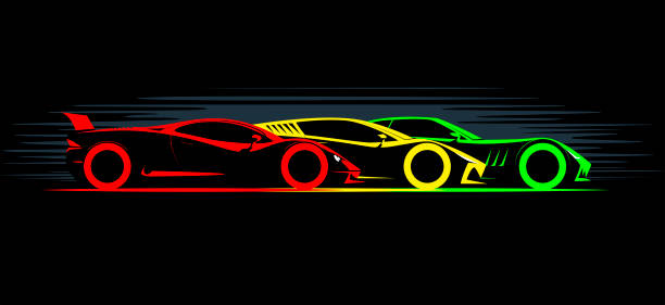 three stylized simple drawing sport super cars coupe side view on black background vector art illustration