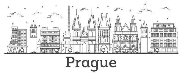 illustrazioni stock, clip art, cartoni animati e icone di tendenza di delinea lo skyline della città ceca di praga con edifici storici isolati su bianco. - charles bridge