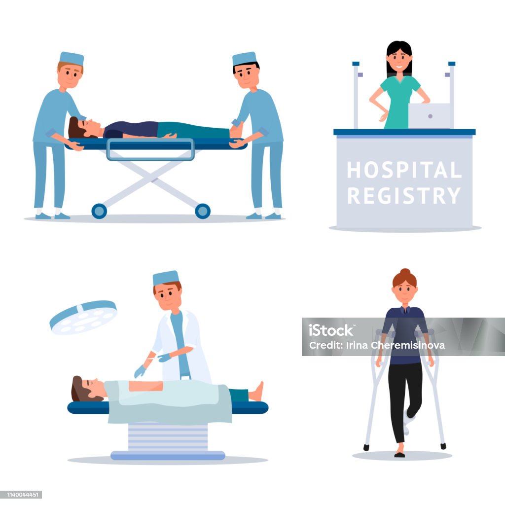 Hospital staff and patients flat illustrations set Hospital staff and patients flat illustrations set. Surgeon in operating room vector clipart. Nurse, paramedic helping injured man isolated design element. Emergency service. Medicine and healthcare Ambulance stock vector