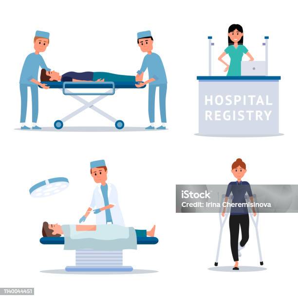 Hospital Staff And Patients Flat Illustrations Set Stock Illustration - Download Image Now - Ambulance, Accidents and Disasters, Adult