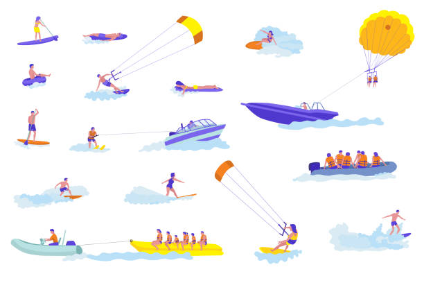 Water sports cartoon vector illustrations set Water sports cartoon vector illustrations set. Active holiday. Adventurous holidaymakers flat characters on vacation. Sea resort outdoor activities ideas cliparts collection. Dangerous and risky parasailing stock illustrations