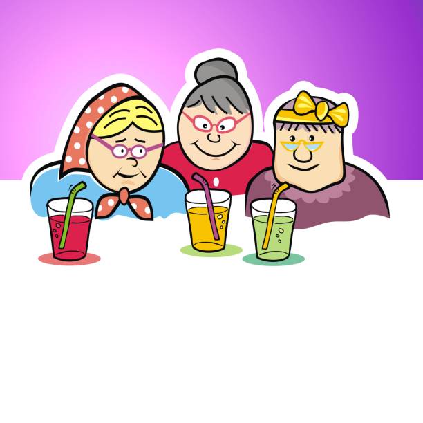 Three old women with lemonade Senior women in canteen, home of seniors, funny vector illustration. Humorous creative illustration with your own text. old ladies gossiping stock illustrations