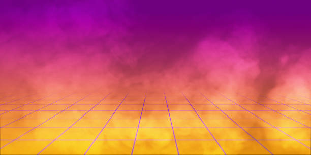 3D Render, background retro 1980 , yellow and purple gradient whit grid and smoke. stock photo