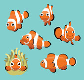 Cute Clownfish Various Poses Cartoon Vector