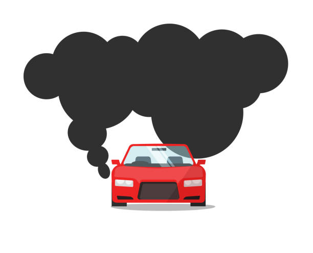 emisja co2 samochodowej ilustracji wektorowej paliwa, płaski samochód z kreskówek z dużym gazem w chmurze dymu, koncepcja clipart zanieczyszczenia węgla - toxic substance fumes environment carbon dioxide stock illustrations