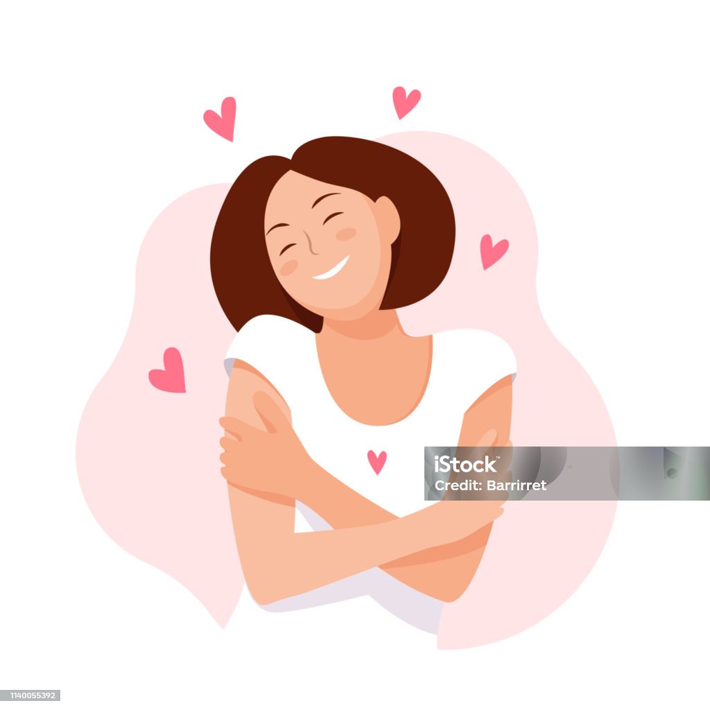 Mujer abrazándose con corazones sobre fondo blanco. Te amo. Me encanta tu concepto corporal. Ilustración vectorial. - arte vectorial de Mujeres libre de derechos