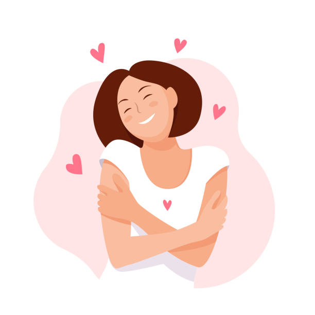 Woman hugging herself with hearts on white background. Love yourself. Love your body concept. Vector illustration. Love yourself. Love your body concept. Girl Healthcare Skincare. Take time for your self. Vector illustration. Woman hugging herself with hearts on white background. Pastel pink cute soft colors attached illustrations stock illustrations