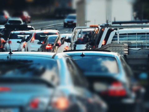 Vehicle view of cars on the highway in a traffic jam