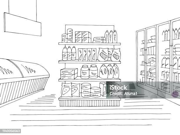 Grocery Store Shop Interior Black White Graphic Sketch Illustration Vector Stock Illustration - Download Image Now