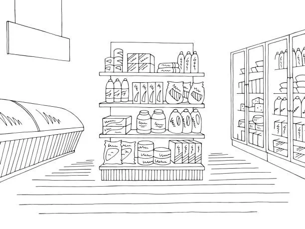 Vector illustration of Grocery store shop interior black white graphic sketch illustration vector