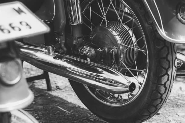 istock Black and white photo part vintage scooter close up 1140056584