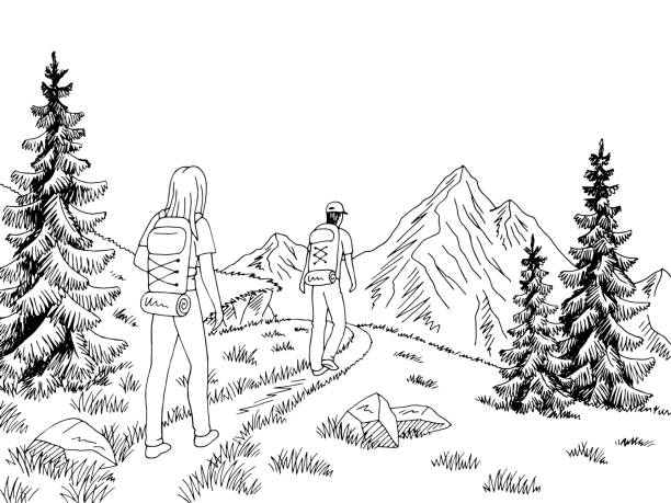 illustrazioni stock, clip art, cartoni animati e icone di tendenza di turista uomo e donna che camminano sulle montagne grafica paesaggio bianco nero disegno illustrazione vettore - hiking outdoors women men