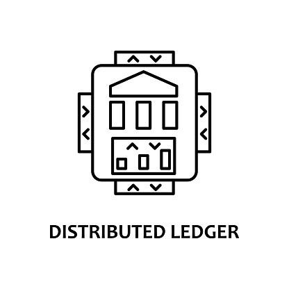 distributed ledger icon with name. Element of crypto currency for mobile concept and web apps. Thin line distributed ledger icon can be used for web and mobile on white background