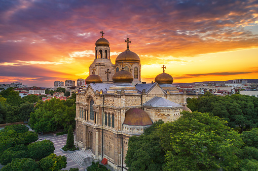 Sunset over The Cathedral of the Assumption in Varna, aerial view