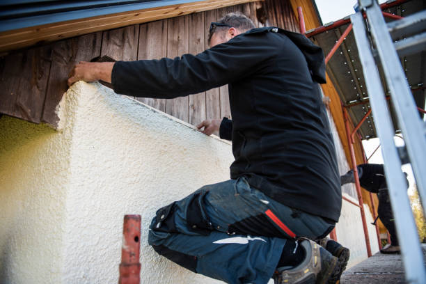istock Construction workers installing wooden planks on house facade 1140059767