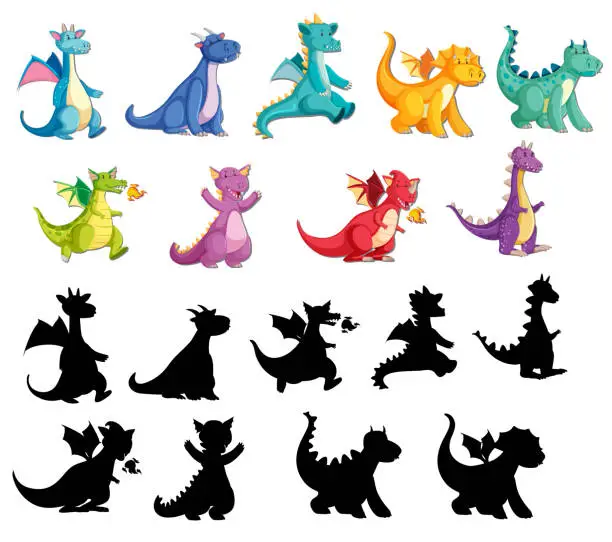 Vector illustration of Set of cute dragon