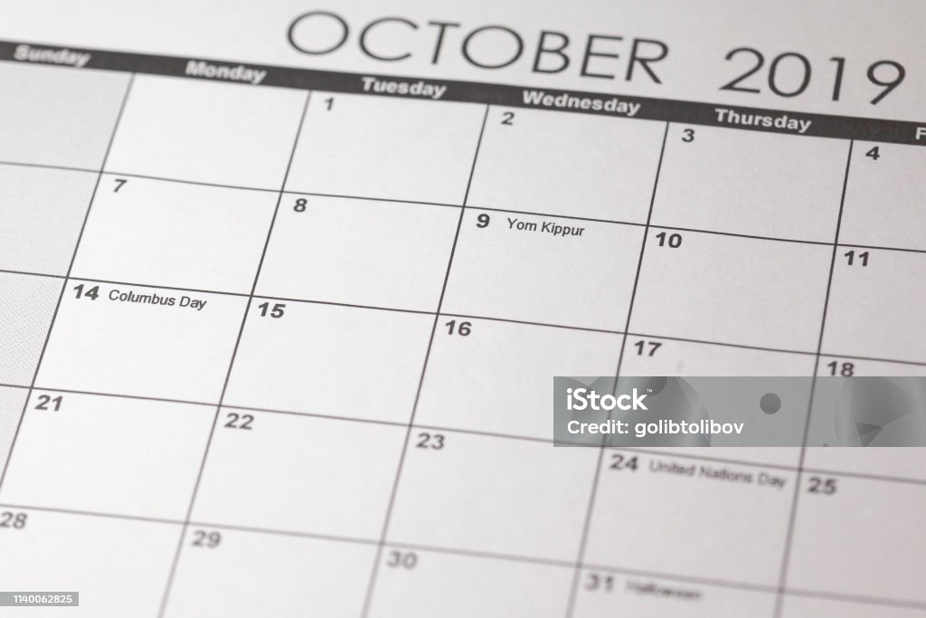 USA holiday, Happy Columbus Day, for the second Monday in October, 14 October. USA holiday, Happy Columbus Day, for the second Monday in October, 14 October. Columbus day in selective focus on October 2019 calendar. Calendar Stock Photo