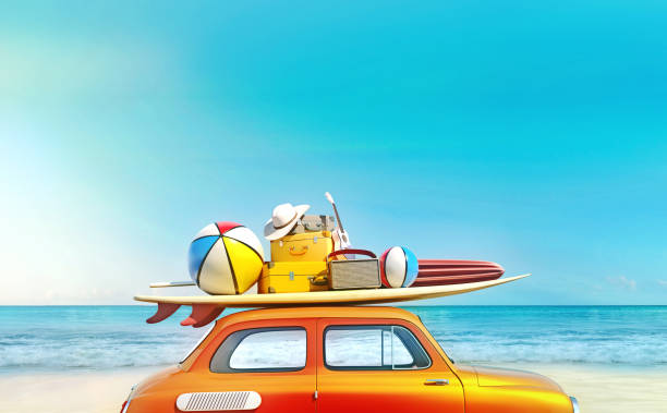 Small retro car with baggage, luggage and beach equipment on the roof, fully packed, ready for summer vacation, concept of a road trip with family and friends, dream destination, very vivid colors with dominant blue sky and ocean and bright orange car. pequeño coche retro con equipaje, equipaje y equipo de playa en el techo, totalmente embalado, listo para las vacaciones de verano, el concepto de un viaje por carretera con la familia y amigos, destino de ensueño, colores muy vivos con el cielo azul dom