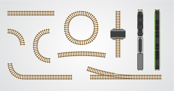 Train railroad and railway tracks set for construction isolated on white background. Connectable elements. City constructor. view from above (top view). Map design. Flat style vector illustration.