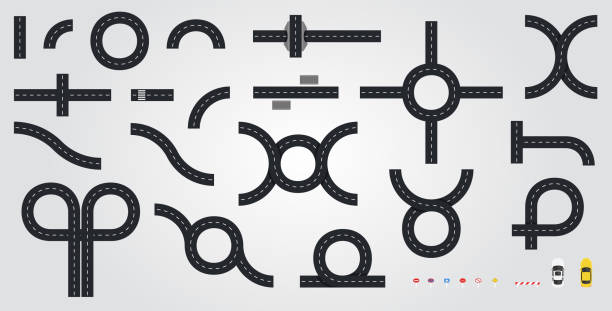 ilustrações, clipart, desenhos animados e ícones de estrada ajustada para a construção isolada no fundo branco. elementos conectável da estrada. construtor de cidade. vista de cima (vista superior). projeto do mapa. sinais e carros de estrada. ilustração lisa do vetor do estilo. - estrada principal estrada