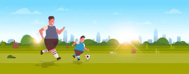 Vector illustration of fat overweight father with obese son playing football over size family having fun on green lawn at park weight loss activity concept horizontal landscape background full length