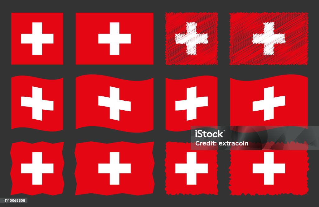 Switzerland flag vector illustration set, official colors of national flag of Switzerland Switzerland flag, national flag of Switzerland vector set Swiss Culture stock vector