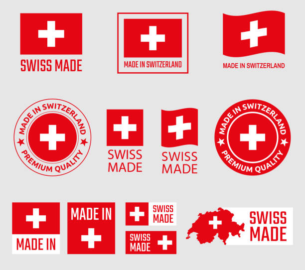 Swiss made icon set, made in Switzerland product labels made in Switzerland labels set, Swiss made product emblem switzerland stock illustrations