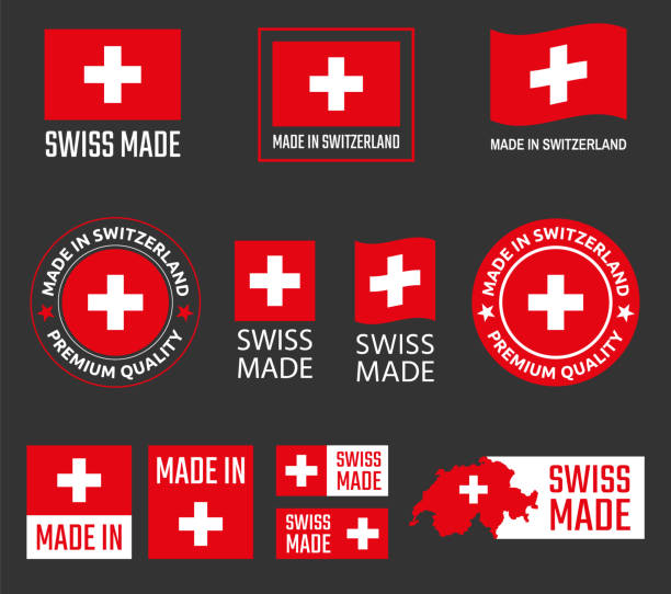 ilustraciones, imágenes clip art, dibujos animados e iconos de stock de made in suiza etiquetas, emblema del producto suizo hecho - switzerland