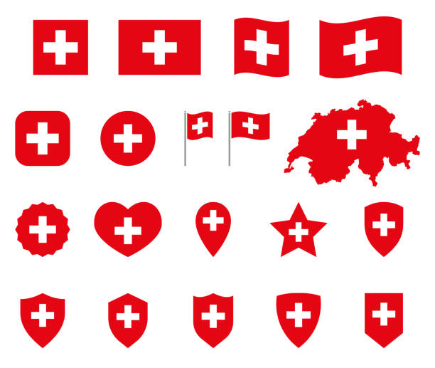 schweizer flaggensymbole gesetzt, nationalflaggen-symbole der schweiz - national arms stock-grafiken, -clipart, -cartoons und -symbole