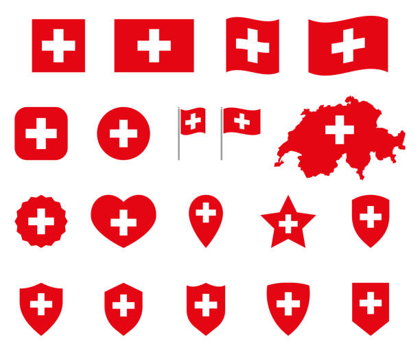 ilustraciones, imágenes clip art, dibujos animados e iconos de stock de suiza bandera iconos establecidos, bandera nacional de suiza símbolos - switzerland flag interface icon