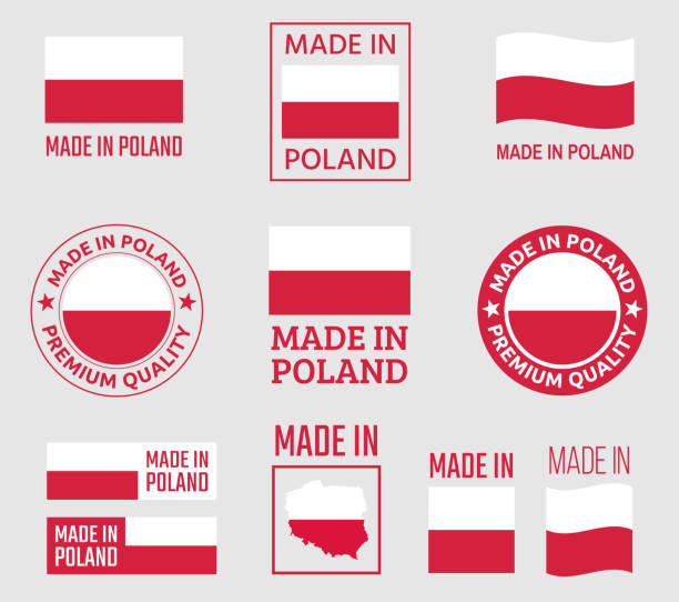 made in poland zestaw etykiet, wykonany w polsce emblemat produktu - poland stock illustrations
