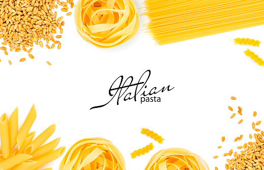 Fettuccine, spaghetti, penne, fusilli from durum wheat isolated on white background. Element for design.