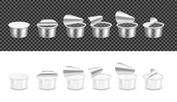 Vector illustration of Transparent empty plastic container for yogurt. Open packaging for sour cream