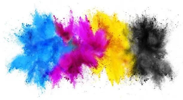 Photo of colorful CMYK cyan magenta yellow key holi paint color powder explosion print concept isolated white background