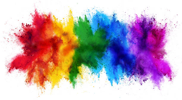 colorful rainbow holi paint color powder explosion isolated white wide panorama background - spray cor imagens e fotografias de stock