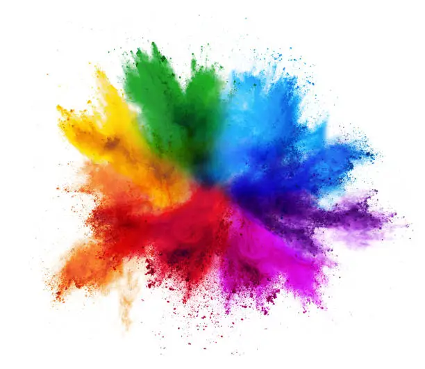 Photo of colorful rainbow holi paint color powder explosion isolated white background
