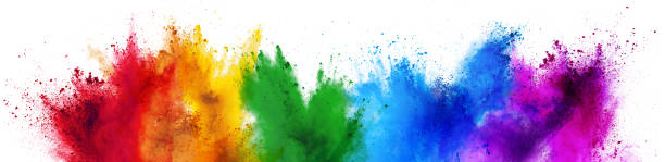 カラフルな虹ホーリーペイントカラーパウダー爆発孤立した白広いパノラマ背景 - exploding celebration multi colored colors ストックフォトと画像