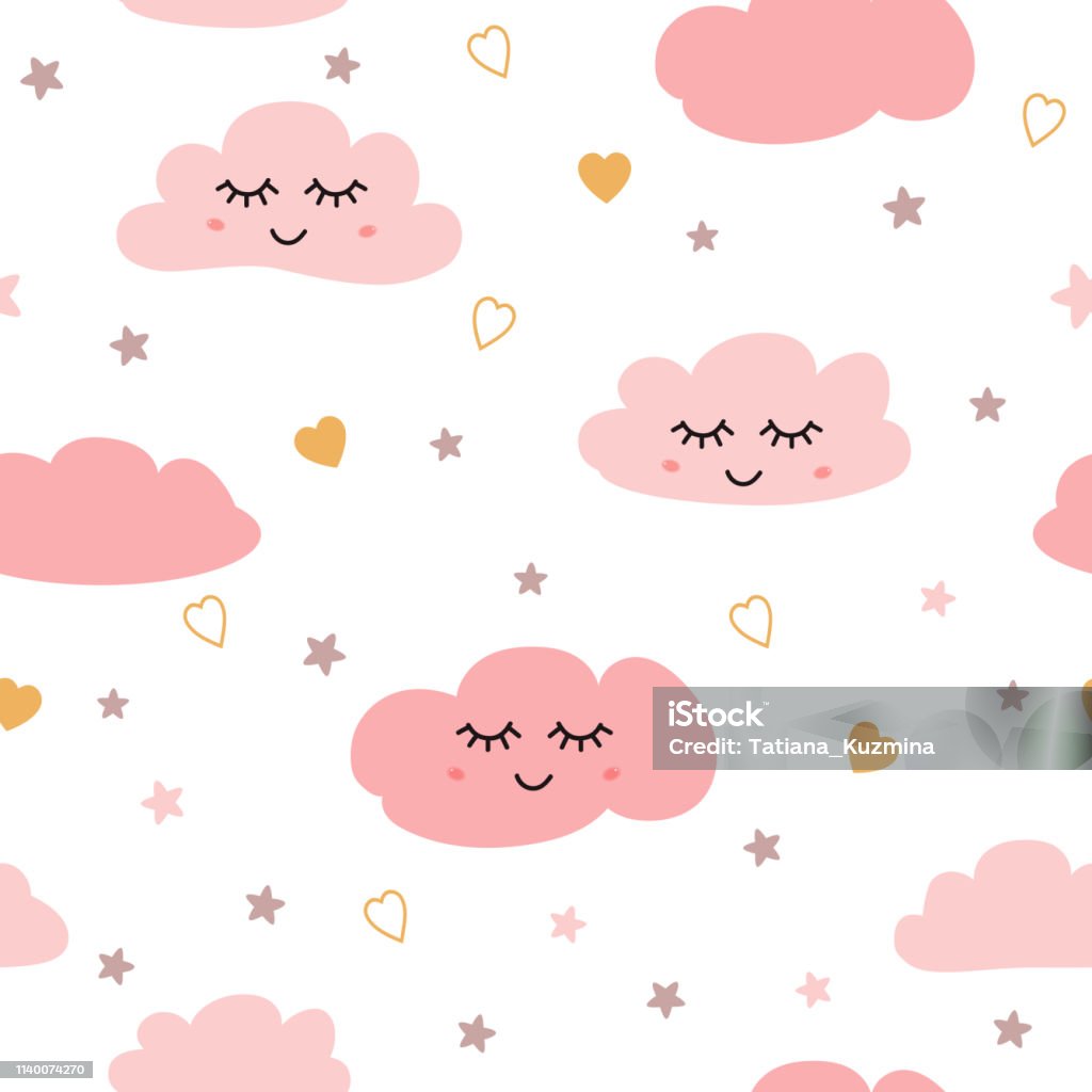 Seamless pattern with smiling sleeping clouds stars Pink baby girl pattern Vector Clouds pattern. Seamless pattern with smiling sleeping clouds stars hearts for baby girl design. Cute baby shower pink background. Childish style wallpaper textile fabric cloth. Vector illustration. Baby - Human Age stock vector