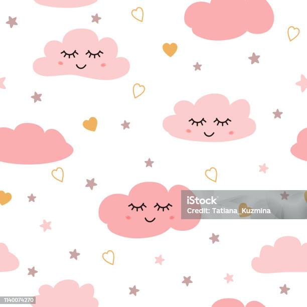 Seamless Pattern With Smiling Sleeping Clouds Stars Pink Baby Girl Pattern Vector Stock Illustration - Download Image Now