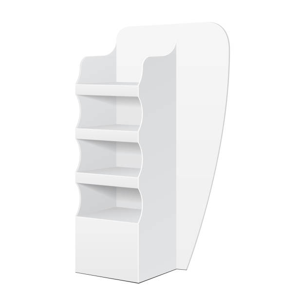 istock White POS POI Cardboard Floor Display Rack For Supermarket Blank Empty Displays With Shelves Products On White Background Isolated. Ready For Your Design. Product Packing. Vector EPS10 1140075634